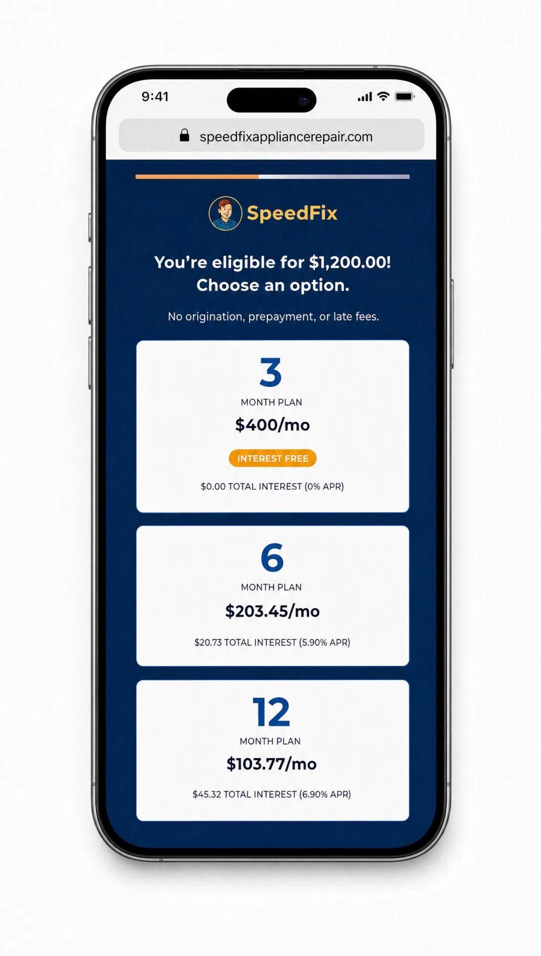 SpeedFix financing app screen on an iPhone